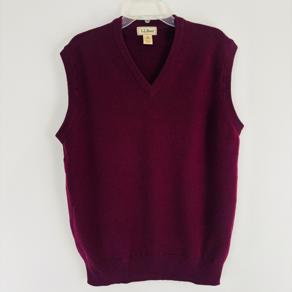 Vtg. LL Bean Men Large Tall Lambswool Sweater Vest Burgundy V-Neck Scotland Made